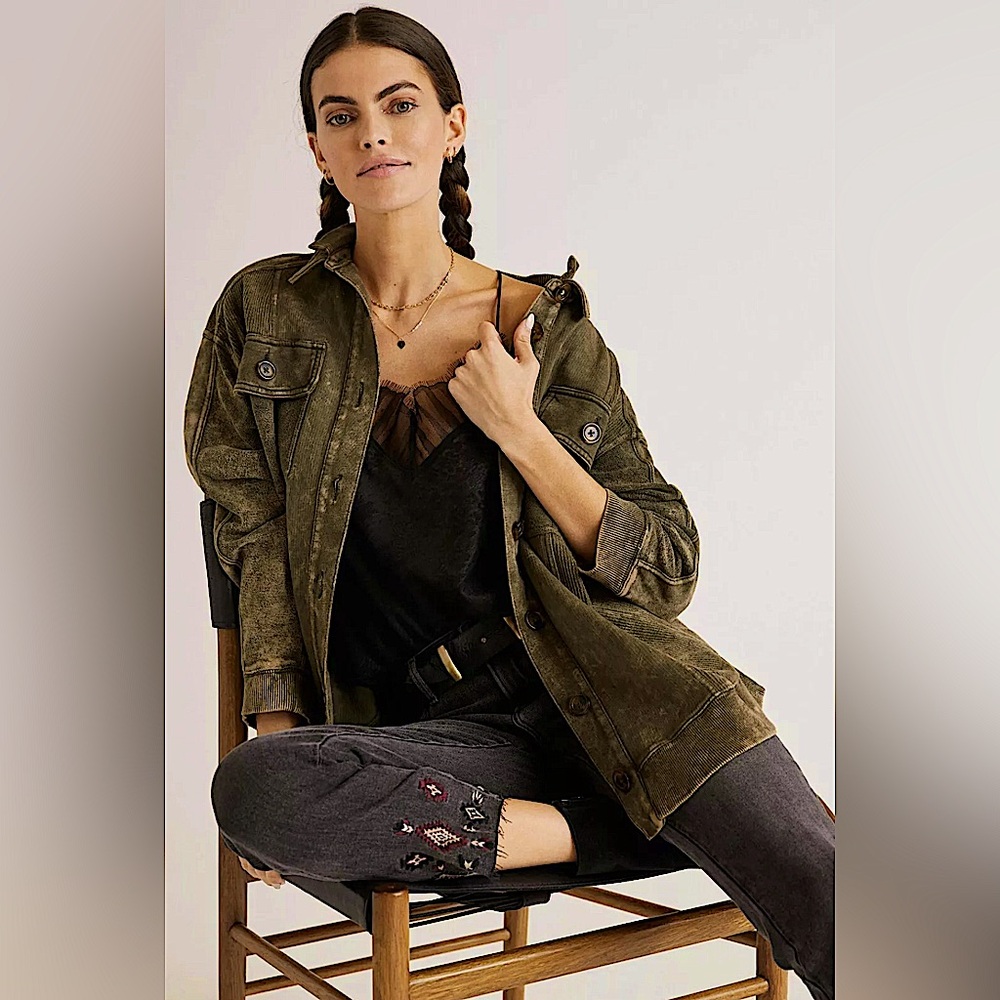 Anthro Pilcro Relaxed Shirt Jacket in Moss